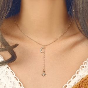 Gold Moon and Star Charm Lariat Necklace